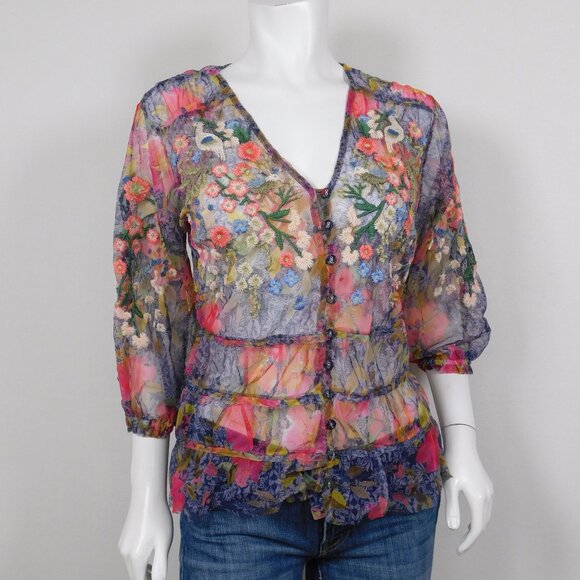 Johnny Was Biya Locust Mesh Floral Top S (92425) - Picture 1 of 7